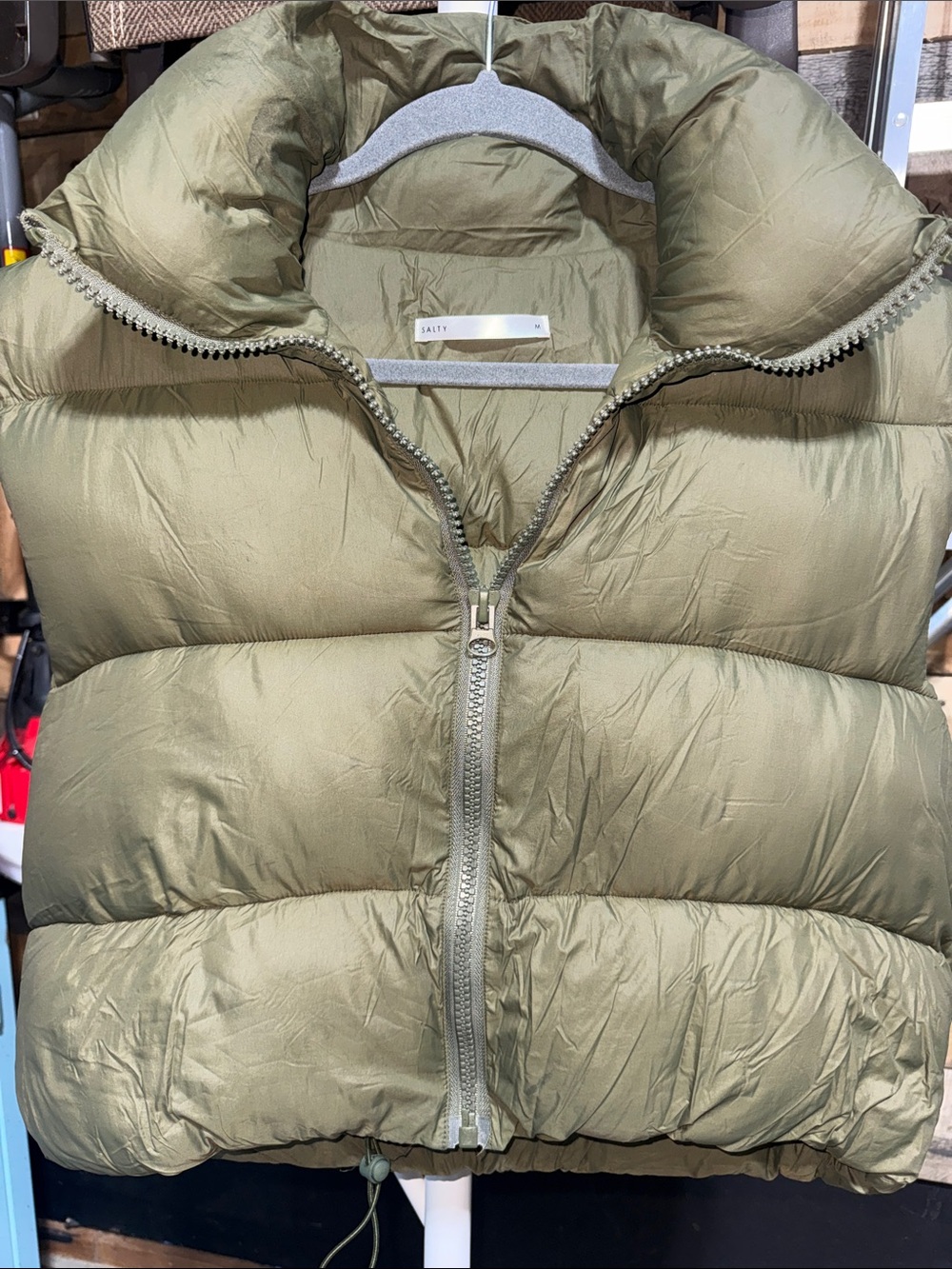 Women's Salty Olive Puffer Vest with High Collar Medium